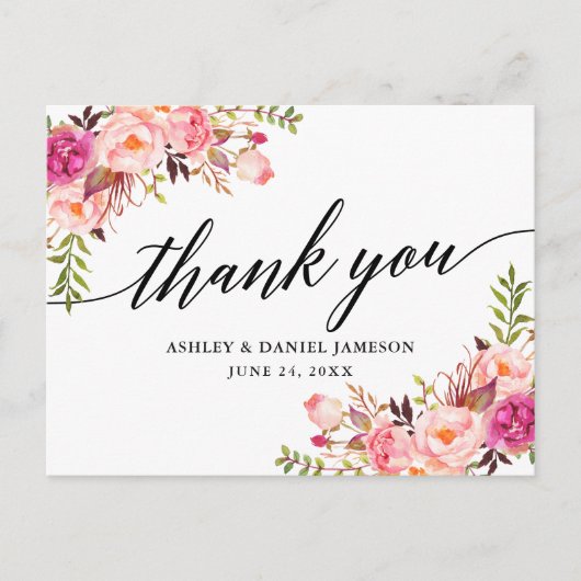 Calligraphy Pink Blush Floral Wedding Vielen Dank Postkarte (Vorderseite)