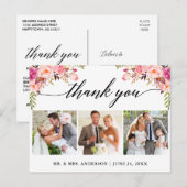 Calligraphy Pink Floral Wedding 3 Foto Vielen Dank Postkarte (Vorne/Hinten)