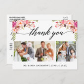 Calligraphy Pink Floral Wedding 3 Foto Vielen Dank Postkarte (Vorne/Hinten)