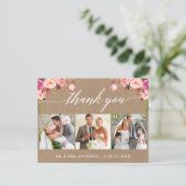 Calligraphy Pink Floral Wedding Danke Kraft Postkarte (Stehend Vorderseite)