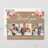 Calligraphy Pink Floral Wedding Danke Kraft Postkarte (Vorne/Hinten)