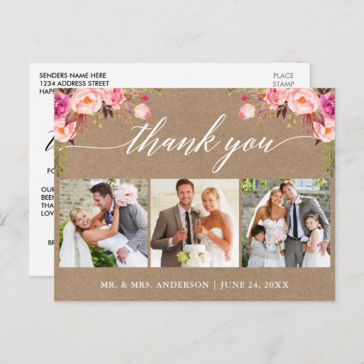 Calligraphy Pink Floral Wedding Danke Kraft Postkarte (Vorne/Hinten)