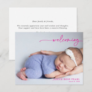 Calligraphy Pink Welcoming Baby Announcement card