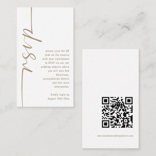 Calligraphy QR Code Champagne Gold Wedding RSVP Begleitkarte (Vorne/Hinten)