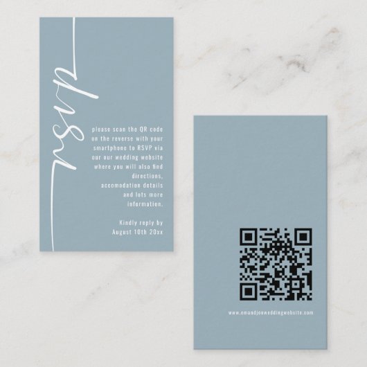 Calligraphy QR Code Dusty Blue Wedding RSVP Begleitkarte (Vorne/Hinten)