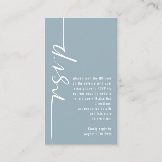 Calligraphy QR Code Dusty Blue Wedding RSVP Begleitkarte (Vorderseite)