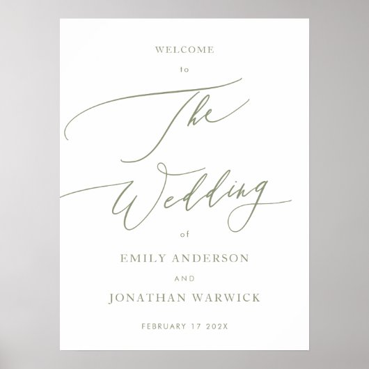 Calligraphy Sage Green Simple Wedding Willkommen Poster (Vorne)