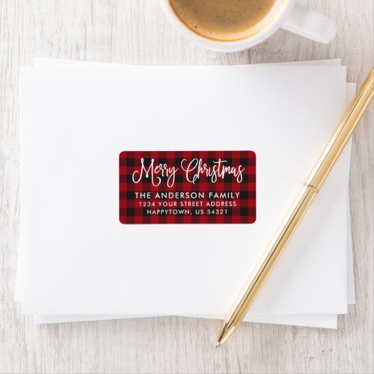 Calligraphy Script Christmas Red Karierte Adresse Adressaufkleber (Insitu)