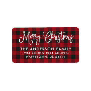 Calligraphy Script Christmas Red Karierte Adresse Adressaufkleber
