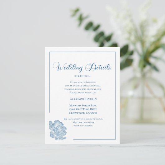 Calligraphy Script Dusty Blue Floral Wedding Begleitkarte (Stehend Vorderseite)