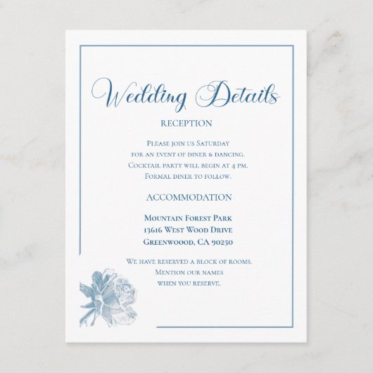 Calligraphy Script Dusty Blue Floral Wedding Begleitkarte (Vorderseite)