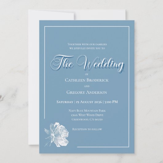Calligraphy Script Dusty Blue White Floral Wedding Einladung (Vorderseite)
