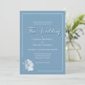 Calligraphy Script Dusty Blue White Floral Wedding Einladung (Stehend Vorderseite)