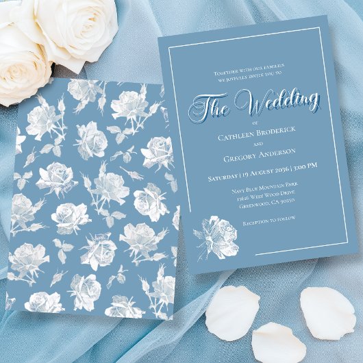Calligraphy Script Dusty Blue White Floral Wedding Einladung