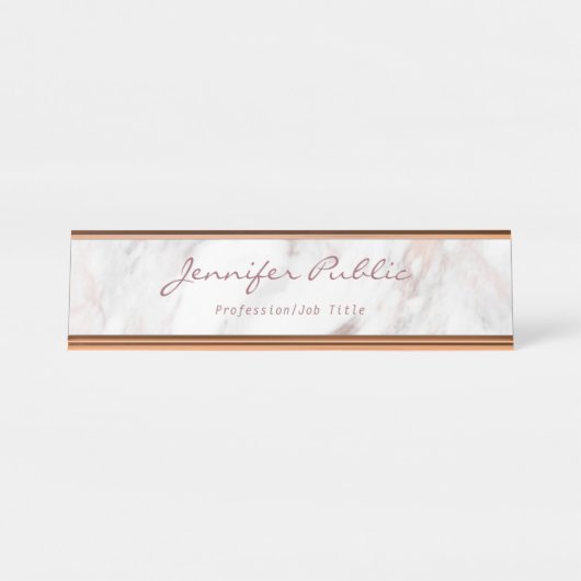 Calligraphy Script Elegante Rose Gold Marble Moder Schreibtischnamensplakette (Vorderseite )