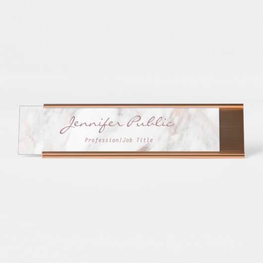 Calligraphy Script Elegante Rose Gold Marble Moder Schreibtischnamensplakette (Vorderseite )