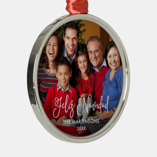 Calligraphy Script Feliz Navidad Foto Ornament Aus Metall (Rechts)