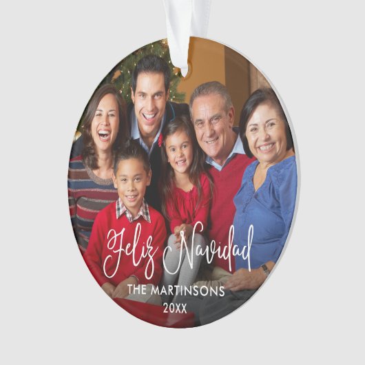 Calligraphy Script Feliz Navidad Foto Red Back Ornament (Vorderseite)