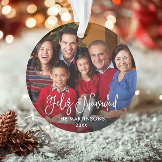 Calligraphy Script Feliz Navidad Foto Red Back Ornament
