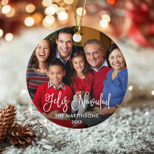 Calligraphy Script Feliz Navidad Photo Red Back Keramik Ornament