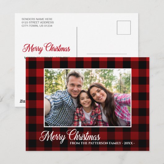 Calligraphy Script Foto Karierte Weihnachten Postkarte (Vorne/Hinten)