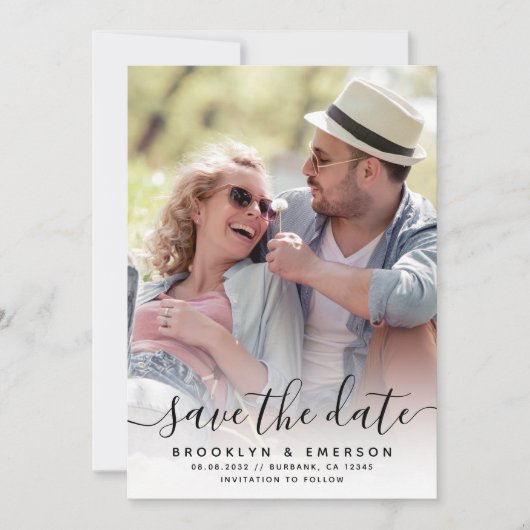 Calligraphy Script Foto Wedding Save The Date (Vorderseite)