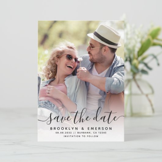 Calligraphy Script Foto Wedding Save The Date (Stehend Vorderseite)