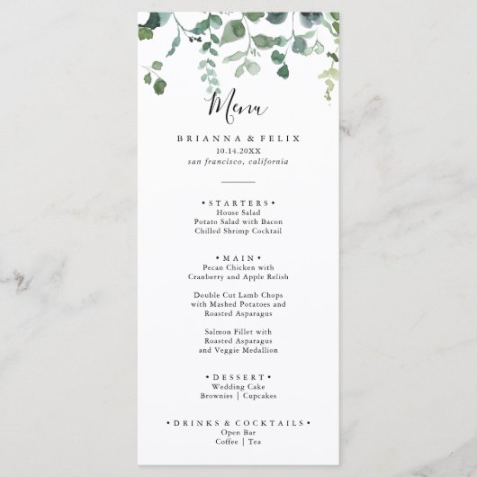 Calligraphy Script Green Foliage Dinner Menu Menükarte (Vorderseite)