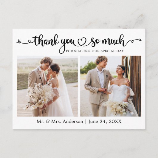 Calligraphy Script Heart 2 Foto Wedding Vielen Dan Postkarte (Vorderseite)