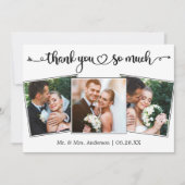 Calligraphy Script Heart 3 Photos Wedding Dankeskarte (Vorderseite)