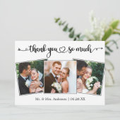 Calligraphy Script Heart 3 Photos Wedding Dankeskarte (Stehend Vorderseite)