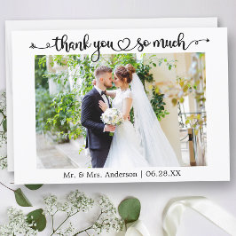 Calligraphy Script Heart Wedding Photo Dankeskarte