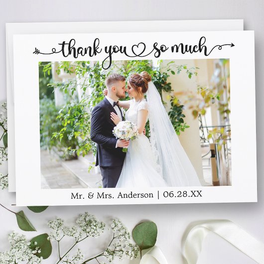Calligraphy Script Heart Wedding Photo Dankeskarte