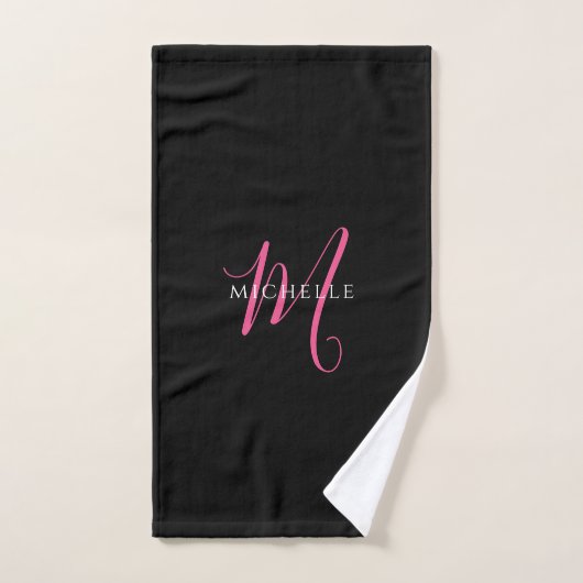 Calligraphy Script Monogram Name Black and Pink Handtuch (Handtuch)