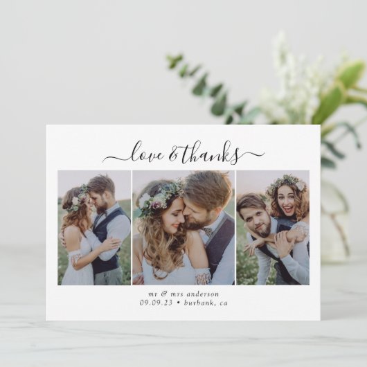 Calligraphy Script Multi Foto Wedding Dankeskarte (Stehend Vorderseite)