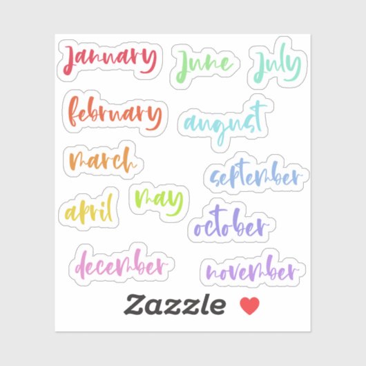 Calligraphy Script Rainbow Months of the Year Aufkleber (Blatt)