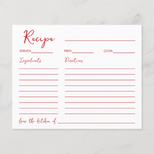 Calligraphy Script Red Brautparty Rezept Card (Vorderseite)