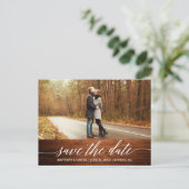 Calligraphy Script Wood Save the Date Foto Postkarte (Stehend Vorderseite)