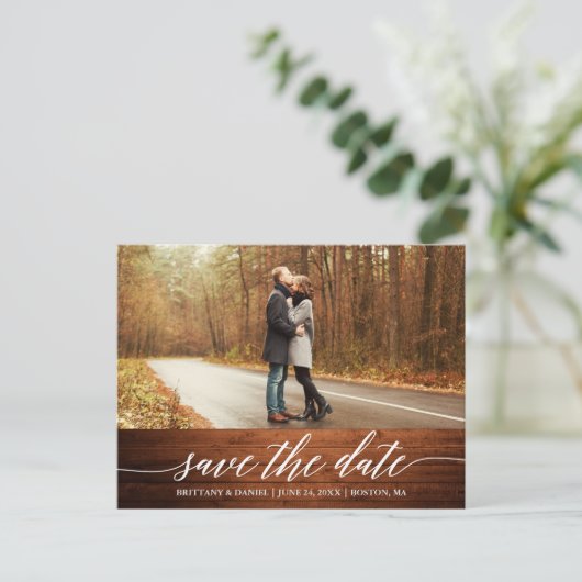 Calligraphy Script Wood Save the Date Foto Postkarte (Stehend Vorderseite)