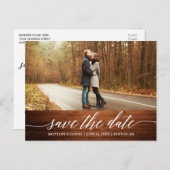 Calligraphy Script Wood Save the Date Foto Postkarte (Vorne/Hinten)
