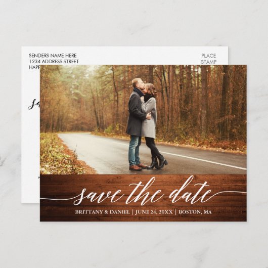 Calligraphy Script Wood Save the Date Foto Postkarte (Vorne/Hinten)