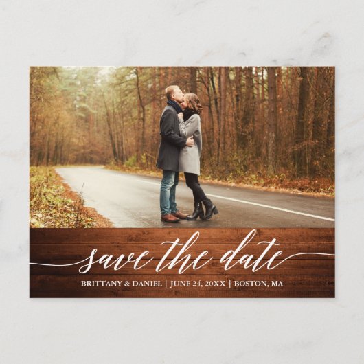 Calligraphy Script Wood Save the Date Foto Postkarte (Vorderseite)