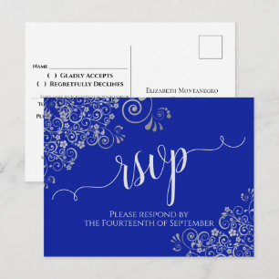 Calligraphy Silver Frills Royal Blue Wedding RSVP Postkarte