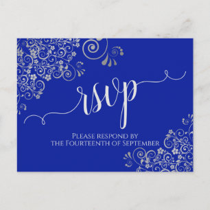 Calligraphy Silver Frills Royal Blue Wedding RSVP Postkarte