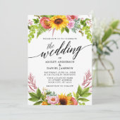 Calligraphy Sunflower Boho Floral Wedding Einladung (Stehend Vorderseite)
