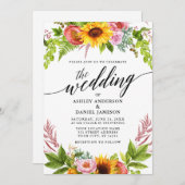 Calligraphy Sunflower Boho Floral Wedding Einladung (Vorne/Hinten)