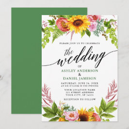 Calligraphy Sunflower Boho Floral Wedding Green Einladung