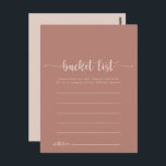 Calligraphy Terracotta Ecket List Cards Postkarte<br><div class="desc">Diese kalligraphischen Eimerkarten sind die perfekte Lösung für einen einfachen Hochzeitsempfang oder ein einfaches Brautparty. Das einfache und elegante Design zeichnet sich durch klassische und extravagante Schriftzeichen aus. Ändern Sie den Wortlaut in Anzug jedes Lebensereignisses. Das Schild der Schaufelliste wird separat verkauft.</div>