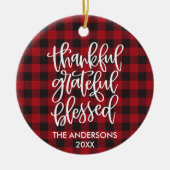 Calligraphy Thankful Grateful Blessed Plaid Photo Keramik Ornament (Vorne)