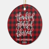 Calligraphy Thankful Grateful Blessed Plaid Photo Keramik Ornament (Links)
